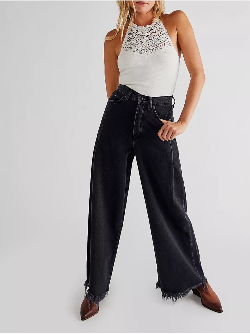Free People We The Free Old West Slouchy High Rise Wide Leg Jeans Black 27 - Picture 2 of 9